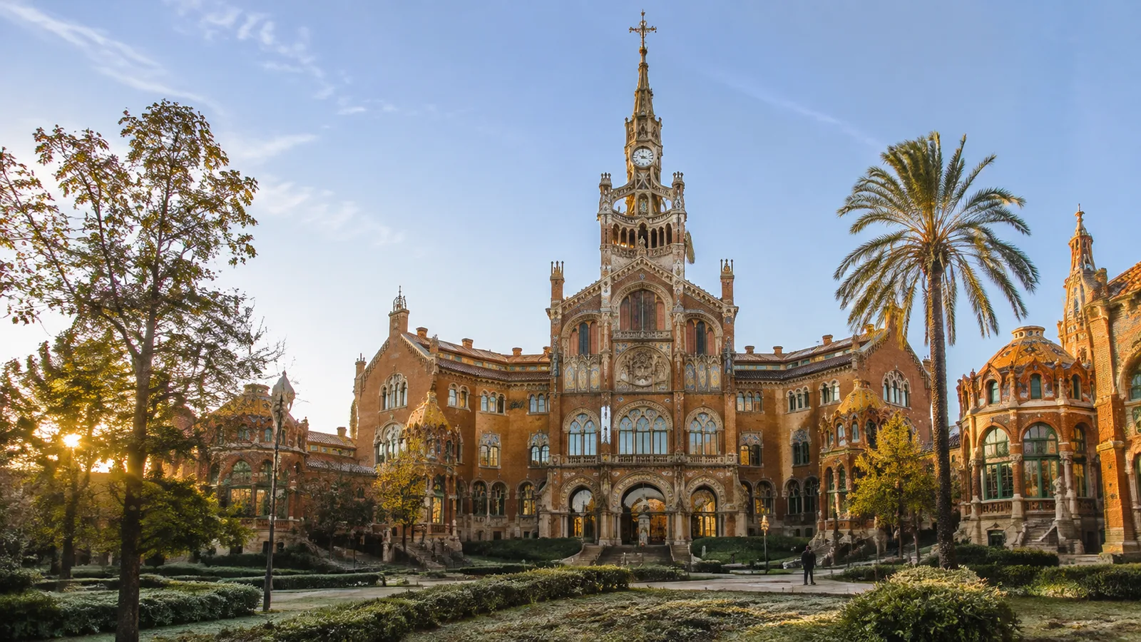 Morning light on the mosaic façade of the Administration pavilion at Hospital de Sant Pau